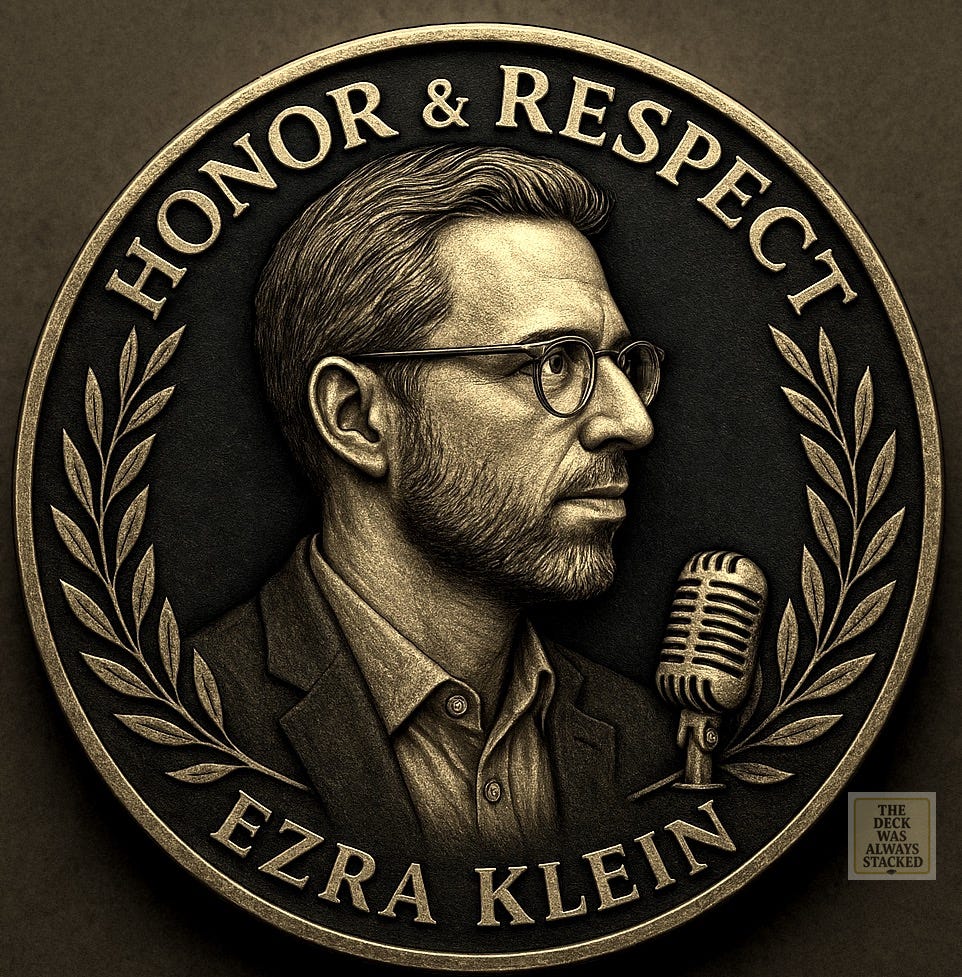 Digital illustration of a gold commemorative coin featuring Ezra Klein’s portrait with the words “Honor & Respect” Digital illustration of a gold commemorative coin featuring Ezra Klein’s portrait with the words “Honor & Respect”