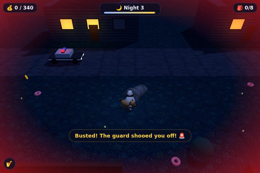 Screenshot of the game. Night 3, the raccoon is in the middle intersecting with the dog. A message reads Busted! The Guard shooed you off! The screen has a red tinge around the edges.