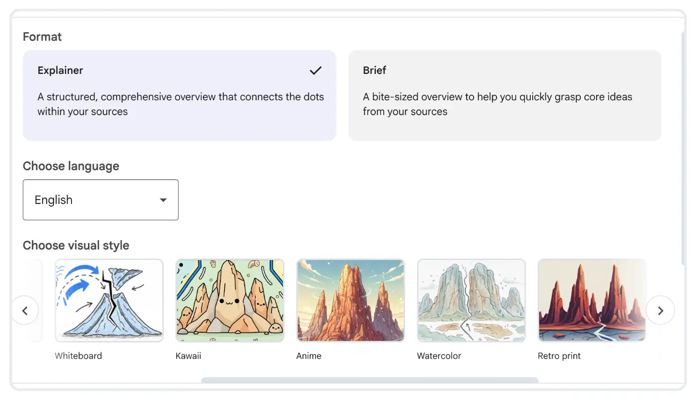 Screenshot of NotebookLM Video Overview customization options showing Format choices (Explainer selected - "a structured, com