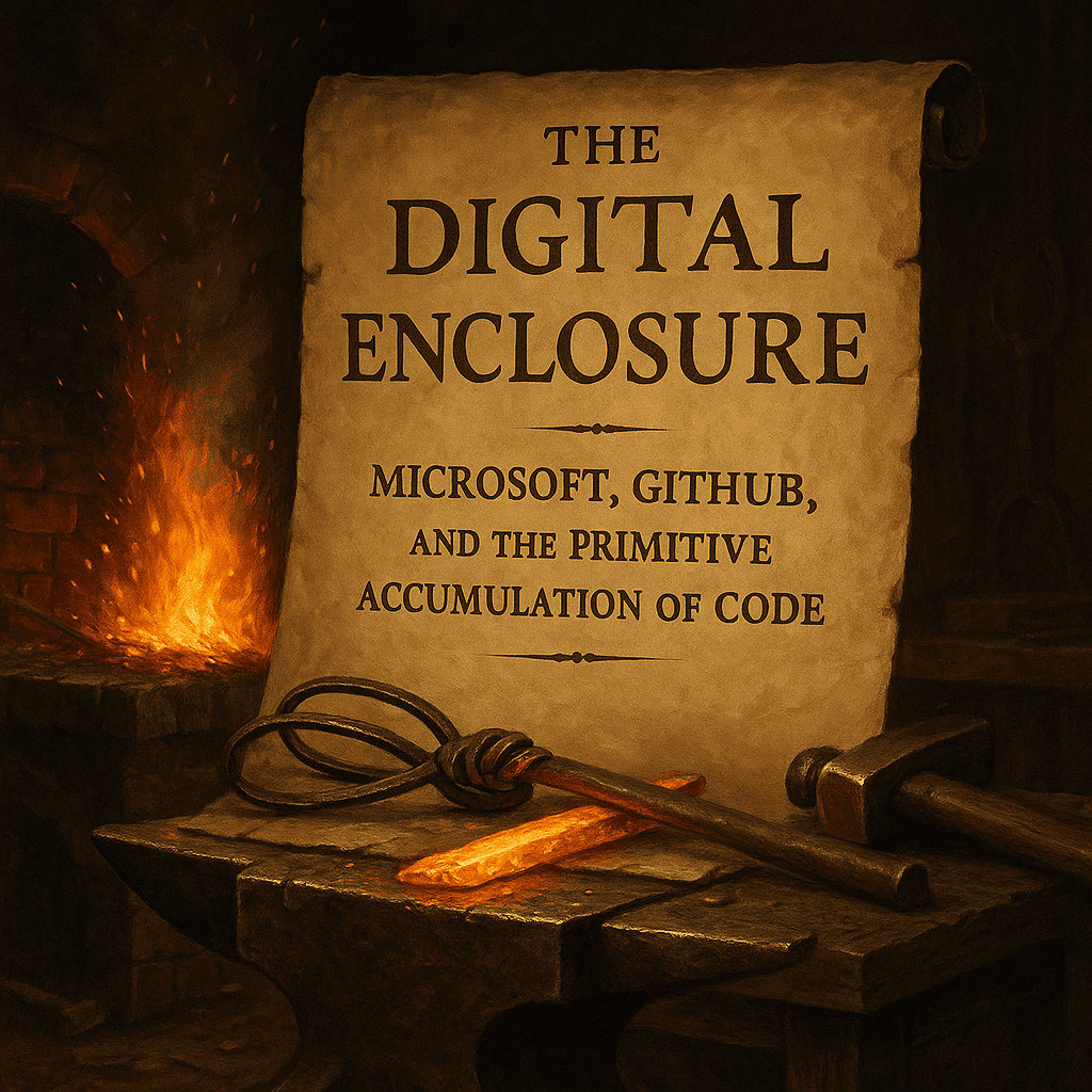Scroll labeled 'The Digital Enclosure' resting on an anvil with tongs and a blacksmith's hammer, lit by forge fire.