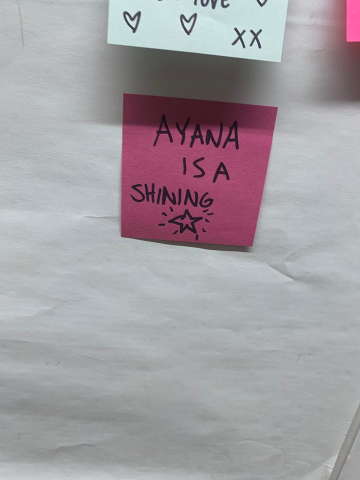 A series of 4 colorful post-it notes from students left in 2019