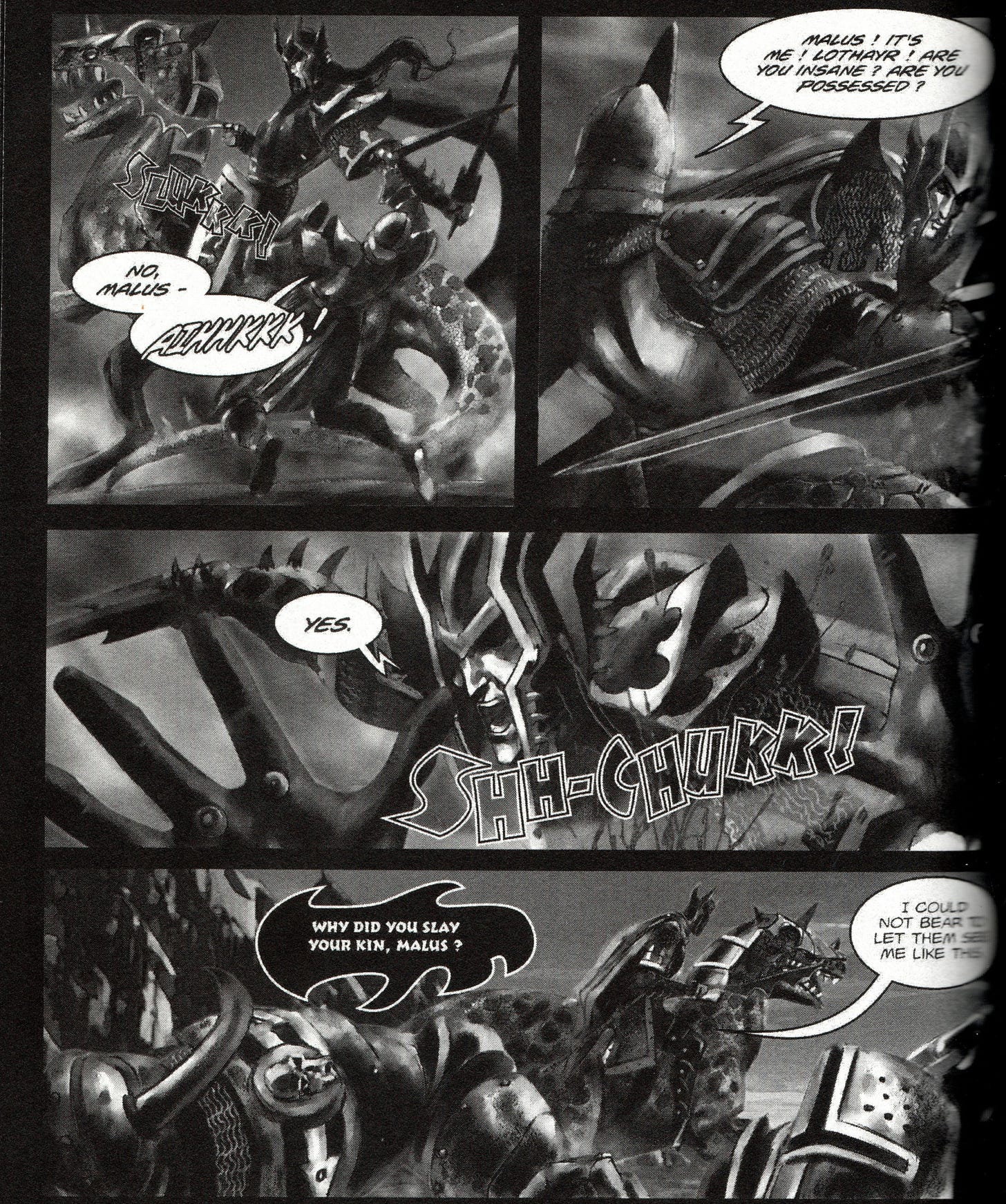 A mounted, fully-armored Malus Darkblade cuts down his loyal warriors, shortly after becoming possessed.