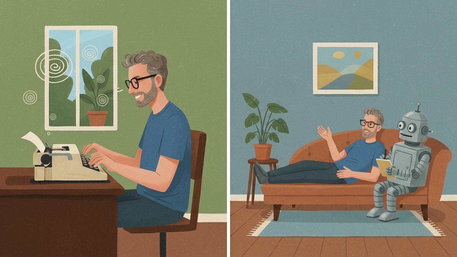 Illustration: split scene — a man typing at a typewriter, and the same man relaxing on a couch talking with a robot Illustration: split scene — a man typing at a typewriter, and the same man relaxing on a couch talking with a robot