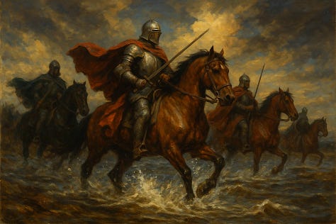 "Oil painting of knights on horseback crossing a river, with flowing capes, splashing water, and dramatic skies." - by GPT-4o, Imagen 4, and Seedream 3.0 image models