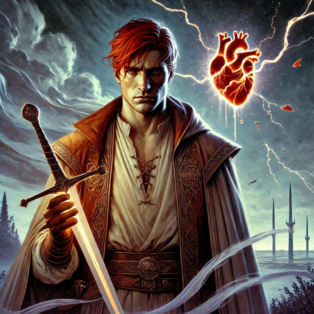 A dramatic fantasy illustration of Rand al'Thor from the Wheel of Time series. Rand is depicted as a tall, red-haired man with a somber expression, wearing a tunic and cloak suited for a fantasy setting. In his hand, he holds a glowing sword, while behind him, a broken, glowing heart floats in the air, symbolizing emotional turmoil. The background is a stormy sky with lightning, emphasizing the intensity of the scene. The art style is detailed and evocative, capturing both Rand's strength and vulnerability. The tone is melancholic and heroic, reflecting his internal struggles. A dramatic fantasy illustration of Rand al'Thor from the Wheel of Time series. Rand is depicted as a tall, red-haired man with a somber expression, wearing a tunic and cloak suited for a fantasy setting. In his hand, he holds a glowing sword, while behind him, a broken, glowing heart floats in the air, symbolizing emotional turmoil. The background is a stormy sky with lightning, emphasizing the intensity of the scene. The art style is detailed and evocative, capturing both Rand's strength and vulnerability. The tone is melancholic and heroic, reflecting his internal struggles.