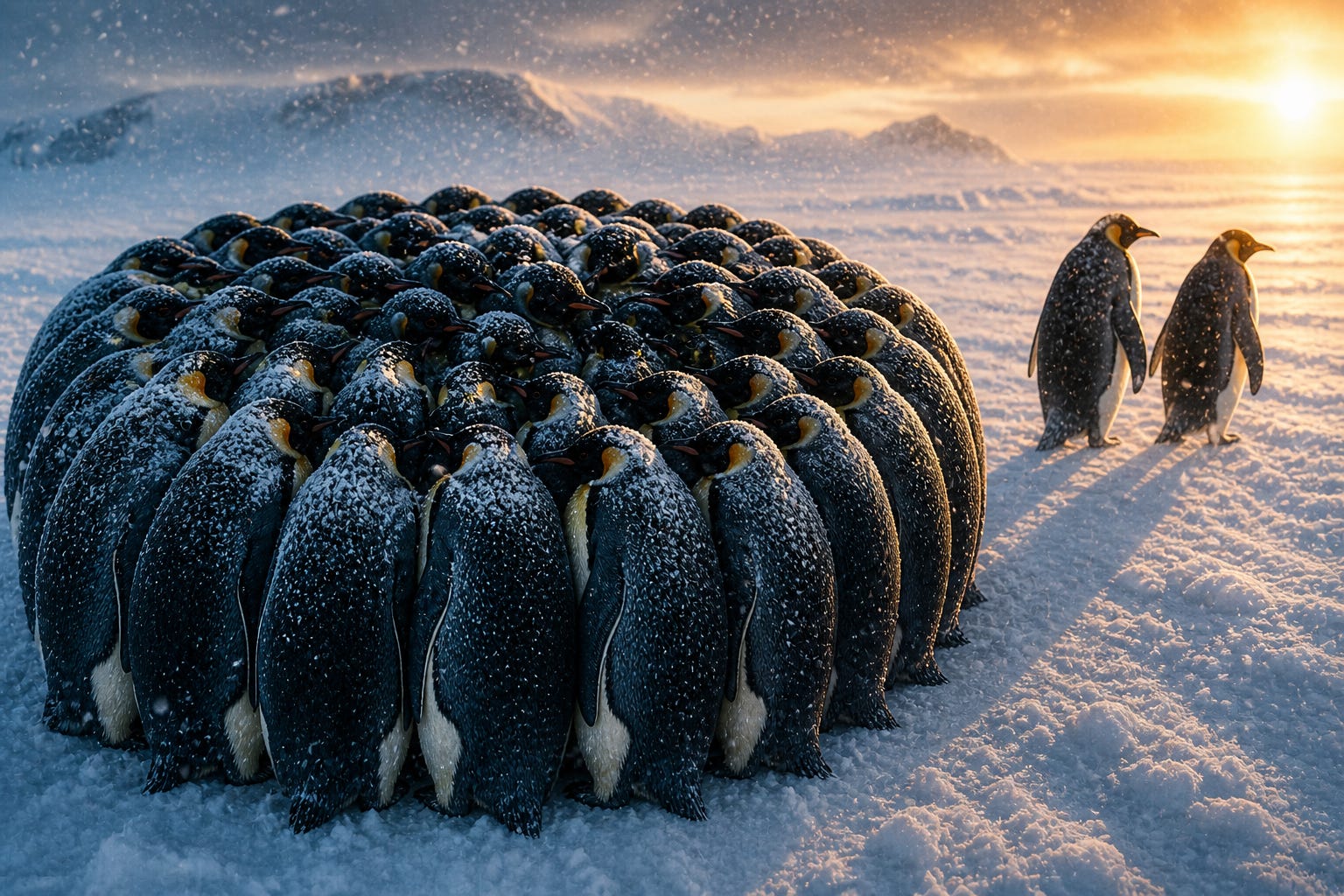 In the harshest cold, emperor penguins huddle together—each taking turns in the warmth, none left behind.
