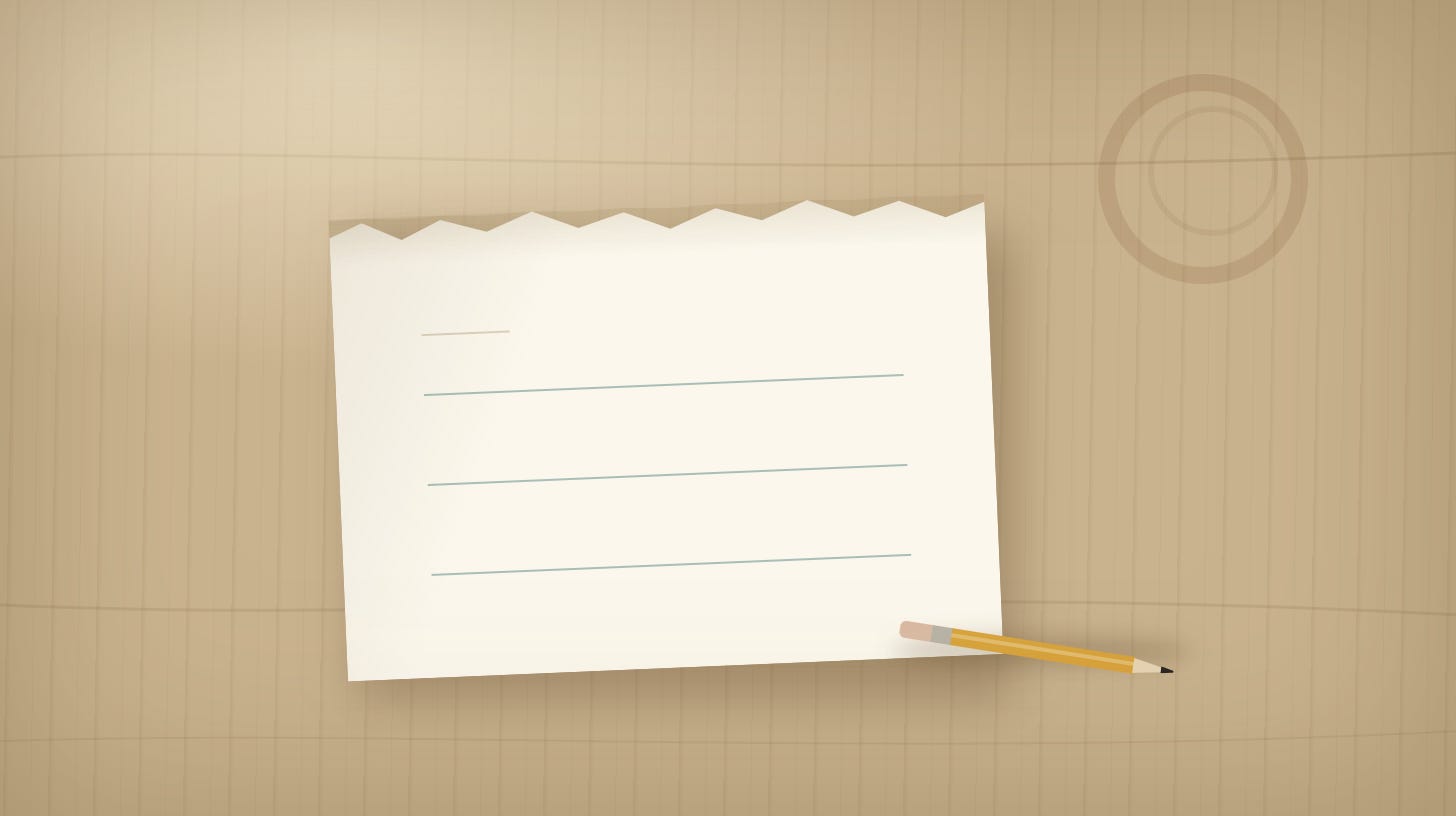 A half sheet torn from a notepad on a wooden kitchen table in morning light, with three widely spaced ruled lines, all blank. A pencil lies beside it and a faint coffee ring marks the table nearby.