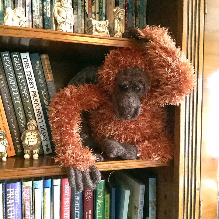 A stuffed toy orangutan in a bookcase with Terry Pratchett books and ornaments. 