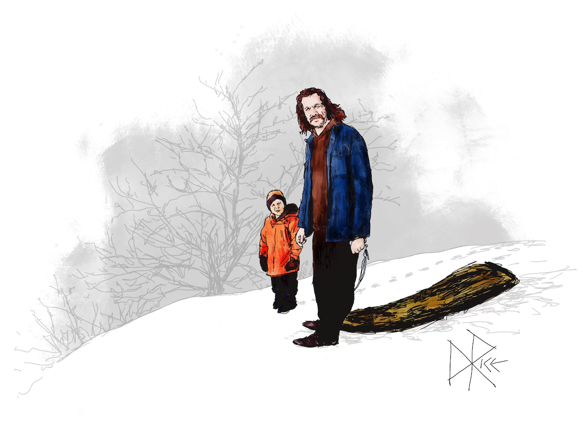 A man and boy stand at the top of a hill after climbing up the other side, ready to mount the plastic sled that they have brought with them. Sketch art by Don Rice.