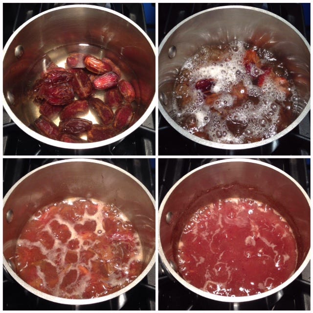 Two pictures showing the process of making your own date syrup at home.