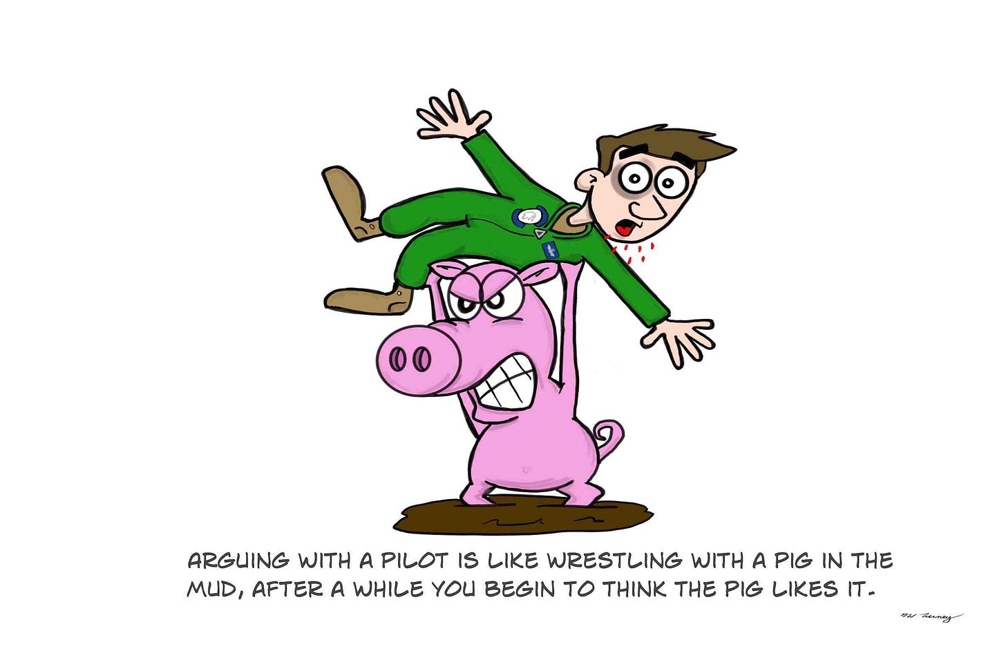 A pig likes wrestling an Army pilot.