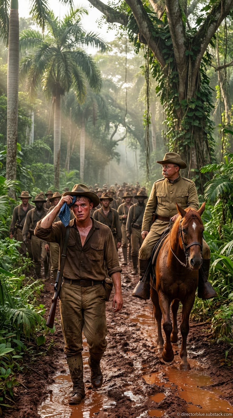 Hyper-realistic 9x16 photographic image early morning just after dawn dense Cuban tropical jungle July 1898 A narrow muddy trail approximately four feet wide cuts through thick vegetation  royal palms ceiba trees dense undergrowth of vines a_image_1