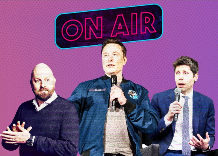 A neon "on air" sign above three famous white men: Marc Andreessen, Elon Musk, and Sam Altman; on a pink and purple gradient background