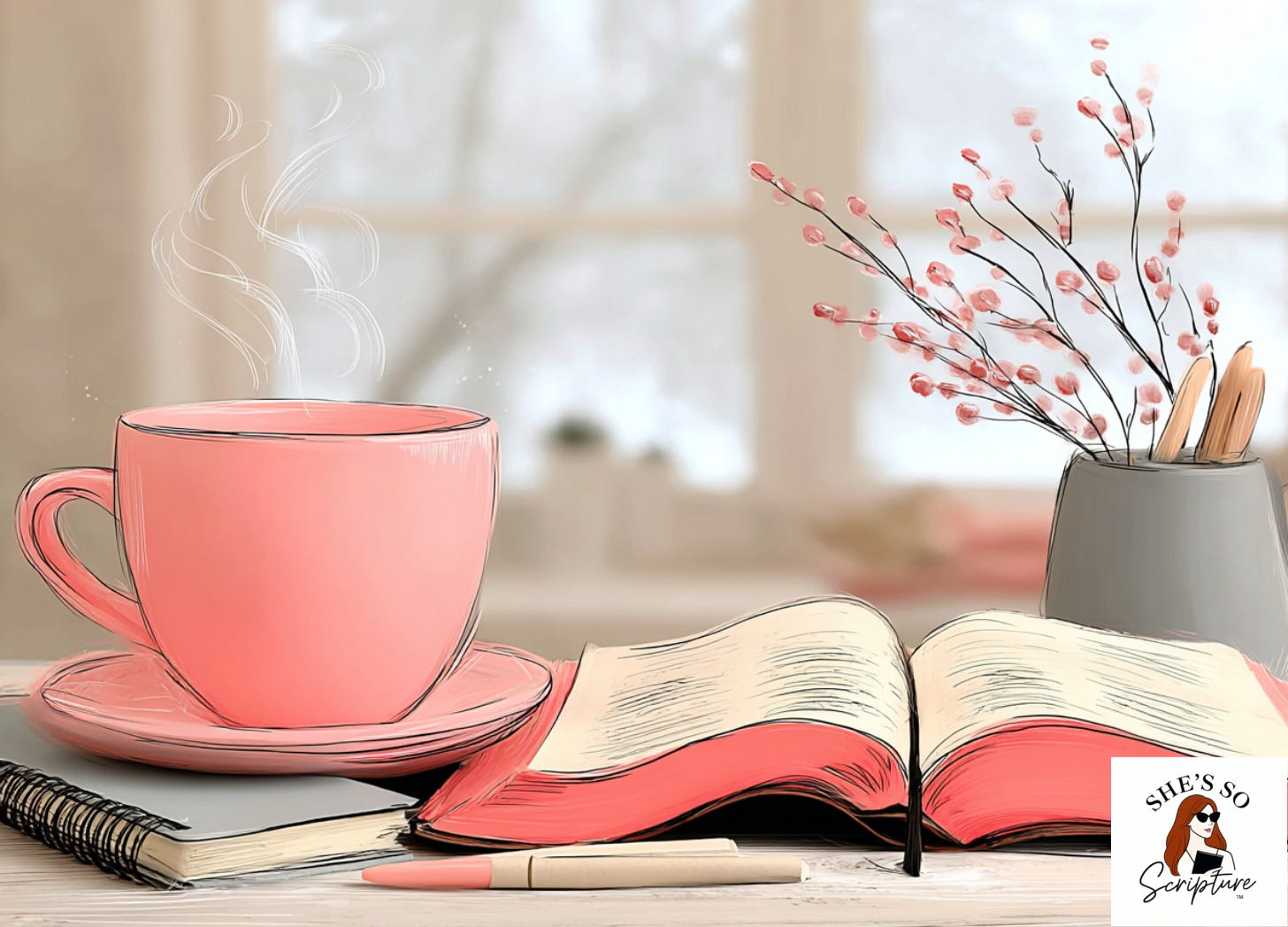 An open Bible and steaming coffee mug on a desk in soft winter light, creating a calm and grounded devotional setting.