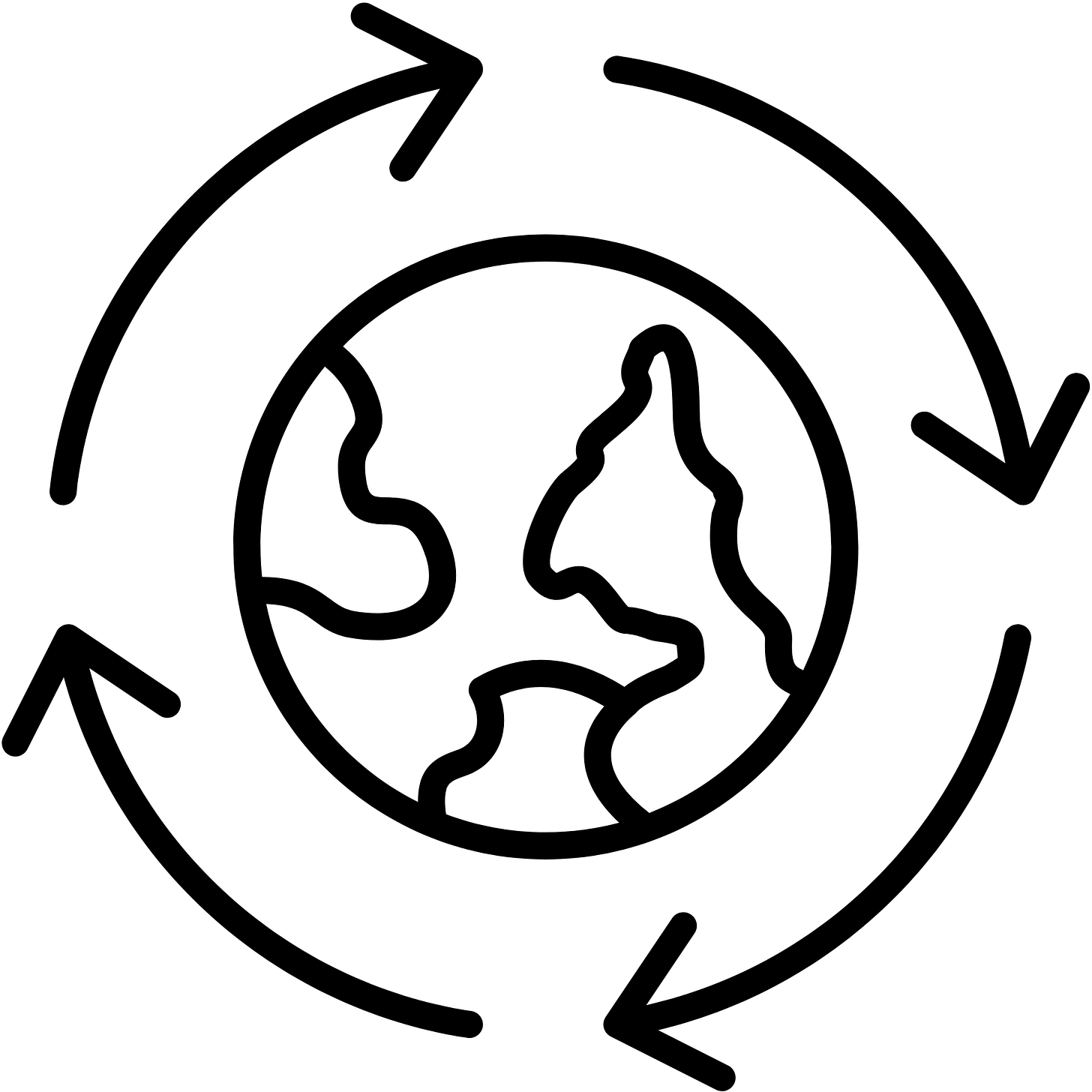 Zwarte lijnillustratie van de aarde met drie cirkelvormige pijlen, als symbool voor een wereldwijde klimaatcrisis die als individuele verantwoordelijkheid wordt behandeld. Zwarte lijnillustratie van de aarde met drie cirkelvormige pijlen, als symbool voor een wereldwijde klimaatcrisis die als individuele verantwoordelijkheid wordt behandeld.