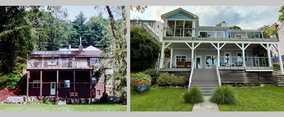The old shack and the dream house today shown in side-by-side images.