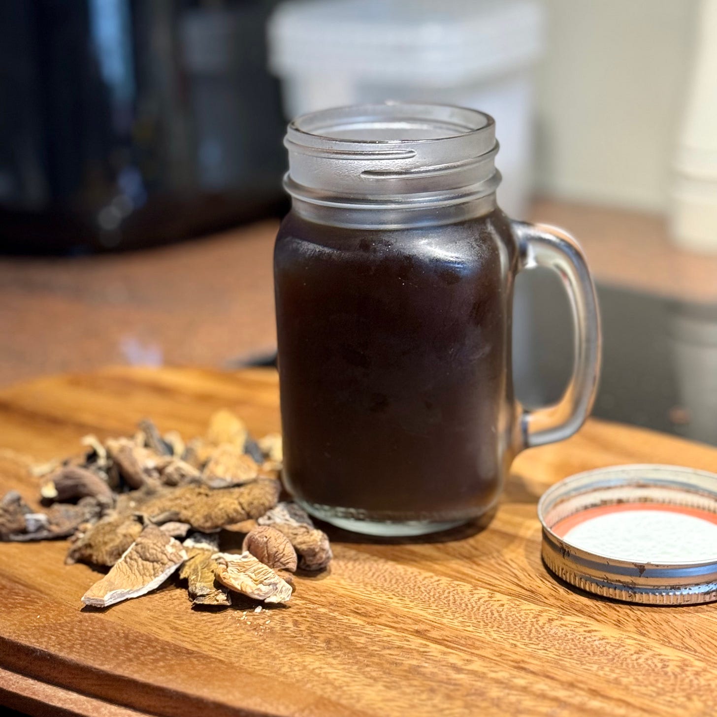 Dried mushrooms and soaking water