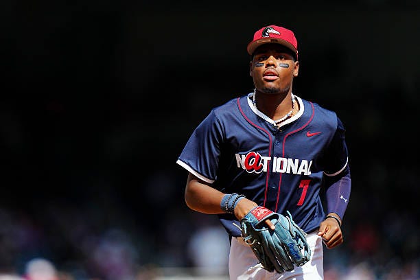 Josue De Paula of the Los Angeles Dodgers jogs back to the dugout during the 2025 MLB All-Star Futures Game at Truist Park on Saturday, July 12, 2025...
