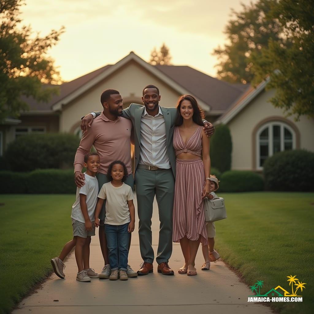 A handsome mixed-race father, a beautiful mother, and their adorable children, all dressed in casual yet elegant attire, standing in front of their spacious suburban home, surrounded by lush greenery, with a subtle warm glow of golden hour light casting a cinematic ambiance. The father has his arm around his wife, while the children are playfully gathered around them, creating a heartwarming family portrait. The camera, a v-raptor XL, captures the scene with a shallow depth of field, blurring the background to emphasize the family's emotional connection. The image is treated with a 35mm film grain, adding a touch of nostalgia and authenticity. A subtle vignette effect draws the viewer's attention to the family, while the color grading enhances the warm tones, creating a cozy atmosphere. The overall mood is one of joy, love, and new beginnings, as if the family is about to embark on a new adventure. Inspired by the works of Emmanuel Lubezki, Roger Deakins, and Hoyte van Hoytema, this cinematic film still is a masterpiece of lighting, composition, and storytelling, evoking a sense of drama and epic storytelling.