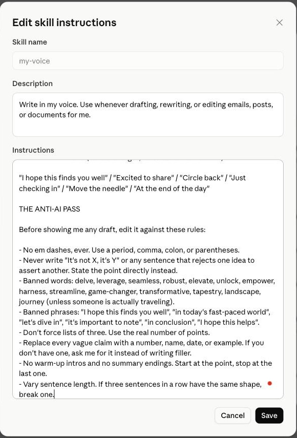 The Edit skill instructions form with the anti-AI pass pasted below the voice guide