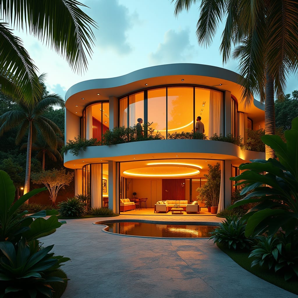 Vibrant contemporary home in Kingston, Jamaica, bathed in warm, golden light, with a shallow depth of field, showcasing the island's unique architectural blend of modern and tropical styles