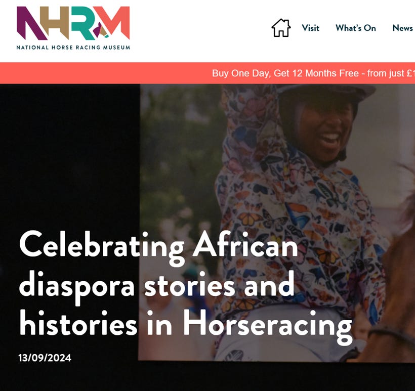 National Horse Racing Museum webpage marking Black History Month and "Celebrating African diaspora stories"