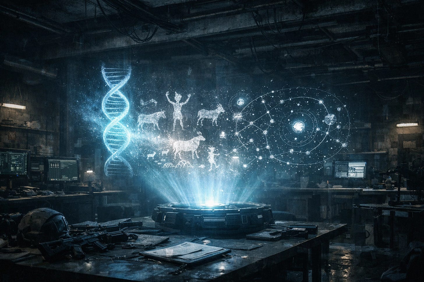 Tactical research laboratory with holograms of the human genome and ancient star map petroglyphs.
