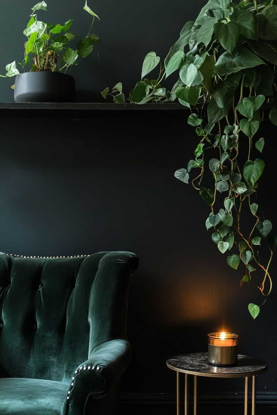 a dark image of a Cebu blue pothos plant dripping down a dark wall over a velvet blue couch next to. lit candle. a dark image of a Cebu blue pothos plant dripping down a dark wall over a velvet blue couch next to. lit candle.