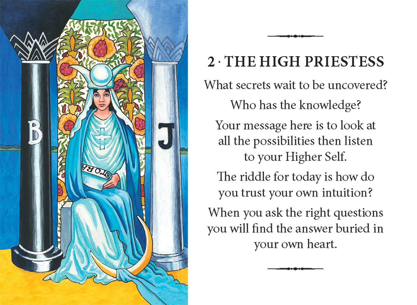 High Priestess Tarot card on the left: Text on the right. From the Practical Tarot Wisdom deck. High Priestess Tarot card on the left: Text on the right. From the Practical Tarot Wisdom deck.