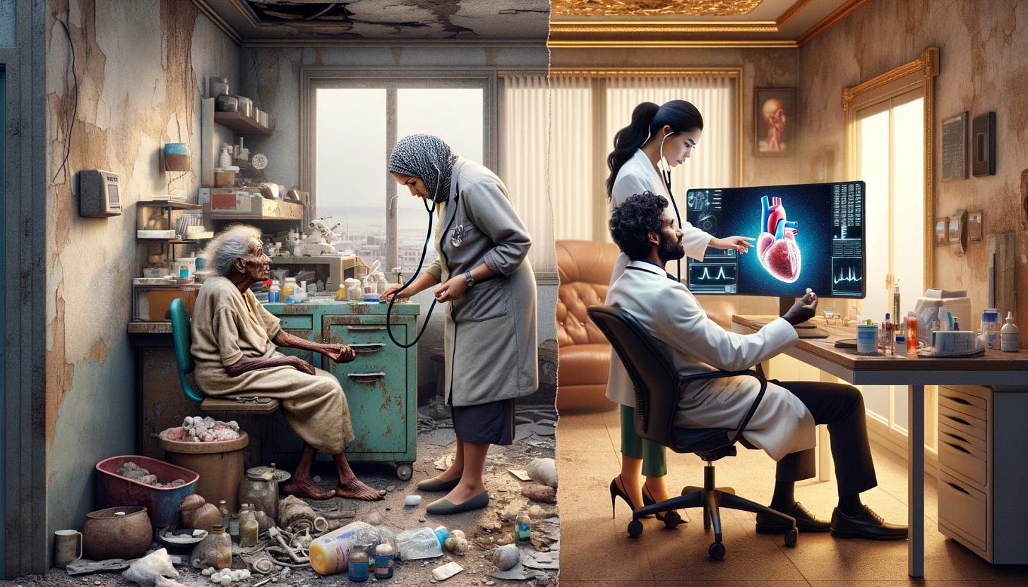 A side-by-side comparison highlighting extreme financial disparity between a general practitioner and a specialist. On the left, the general practitioner is depicted in a very poor and dilapidated clinic setting, with peeling paint and old, worn-out furniture. The environment looks neglected and underfunded. The general practitioner, a Middle-Eastern man, appears tired and overworked, dressed in old, worn-out clothes, consulting with a patient, an elderly Caucasian woman with a simple ailment. On the right, a specialist is shown in a luxurious, high-end medical office. The environment is opulent and immaculately maintained, featuring the latest medical technology. The specialist, a Black woman, is dressed in a designer suit, examining a high-tech 3D model of an organ with a patient, a young Asian man, illustrating the wealth and exclusivity of specialist medical care.