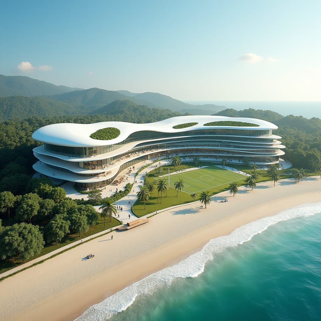 A sprawling beachfront school where modern architecture harmonizes with nature, featuring sleek, curved glass buildings that evoke the undulating flow of the ocean, as if sculpted by the waves themselves. Classrooms seamlessly transition into sandy outdoor learning areas, dissolving the boundaries between indoors and outdoors. A rooftop park, perched atop the structure, offers a breathtaking panorama of the sea, inviting students to unwind amidst lush greenery and salty sea air. Volleyball and soccer fields blend effortlessly into the surrounding beachscape, creating an organic fusion of natural and built environments.