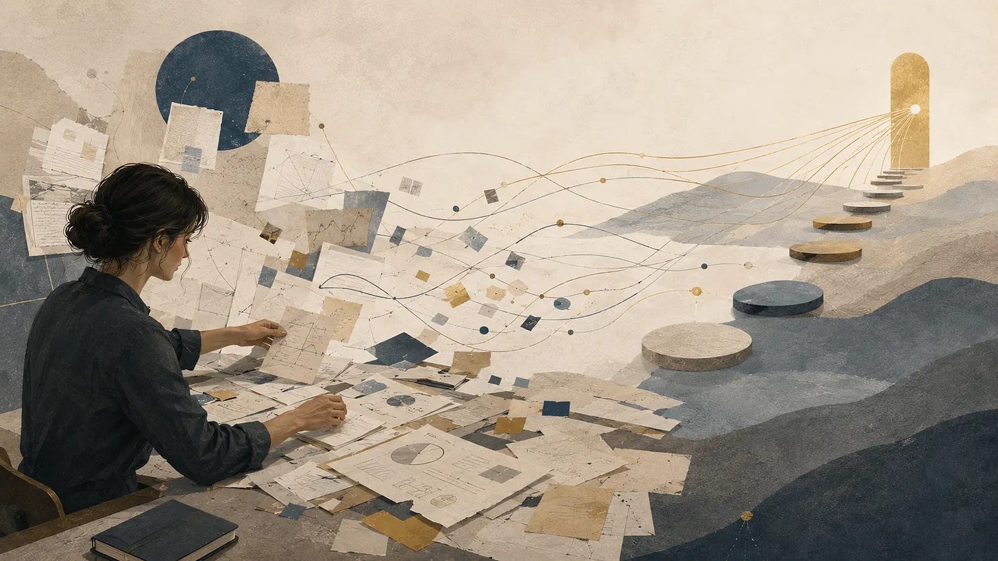 Person building a paper story path across notes toward a distant marker