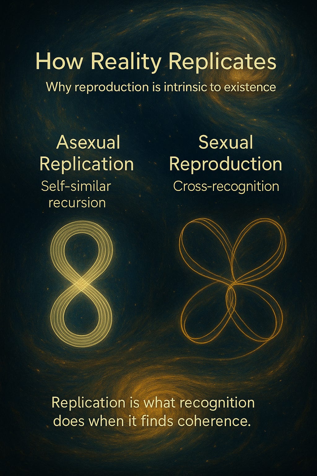 A cosmic illustration divided into two halves: the top depicts asexual replication with two silhouetted figures facing an infinity-shaped light form; the bottom shows sexual reproduction with four figures surrounding interwoven circular patterns above a glowing spiral galaxy. The image symbolises self-similar repetition versus cross-pattern recombination as fundamental recognition processes in the Mirror Paradigm.