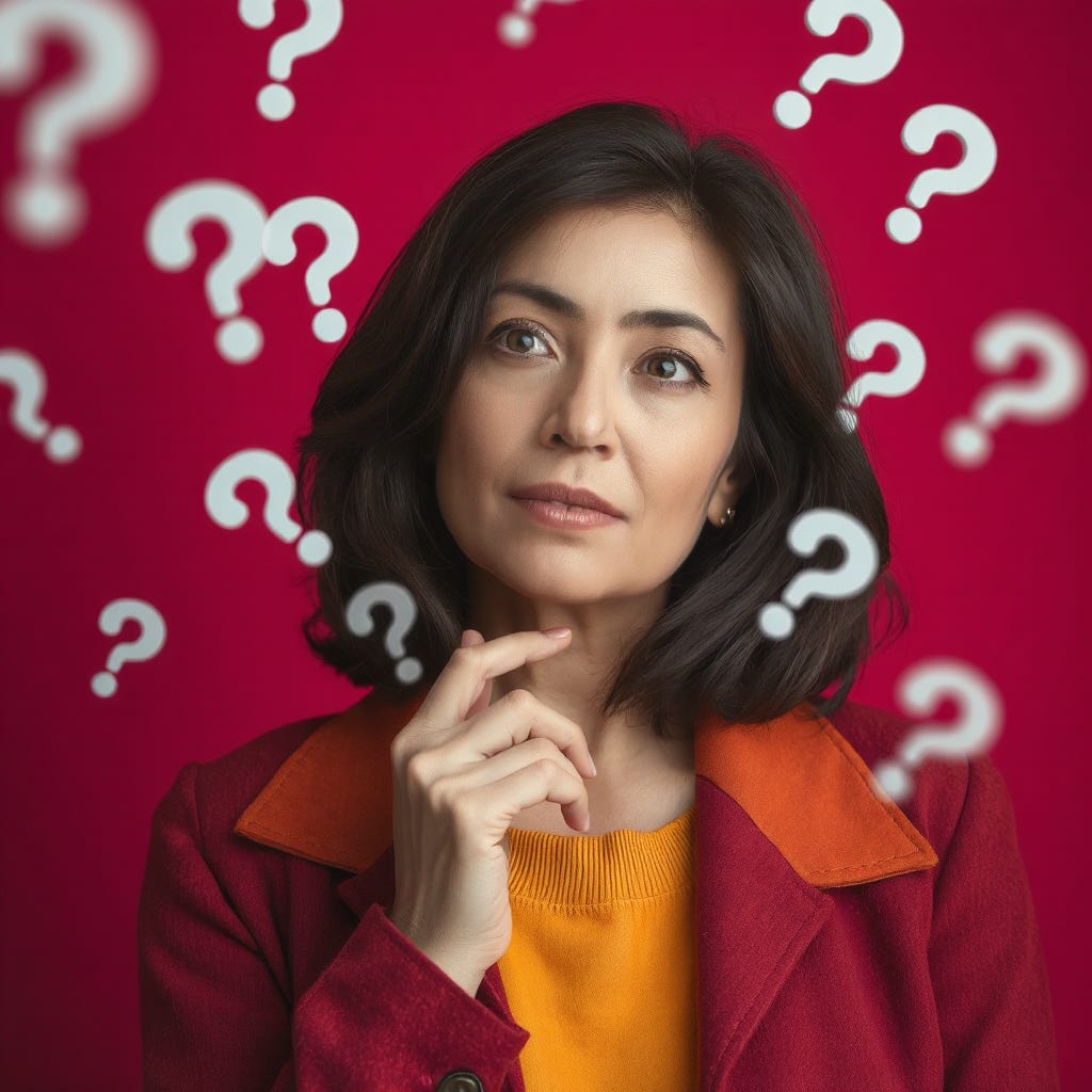 Portrait of a beautiful 40-year old dark-haired woman wearing colored clothes, thinking in a rain of question marks, Isolated on a vivid contrasting bright burgundy background with space. High-quality.