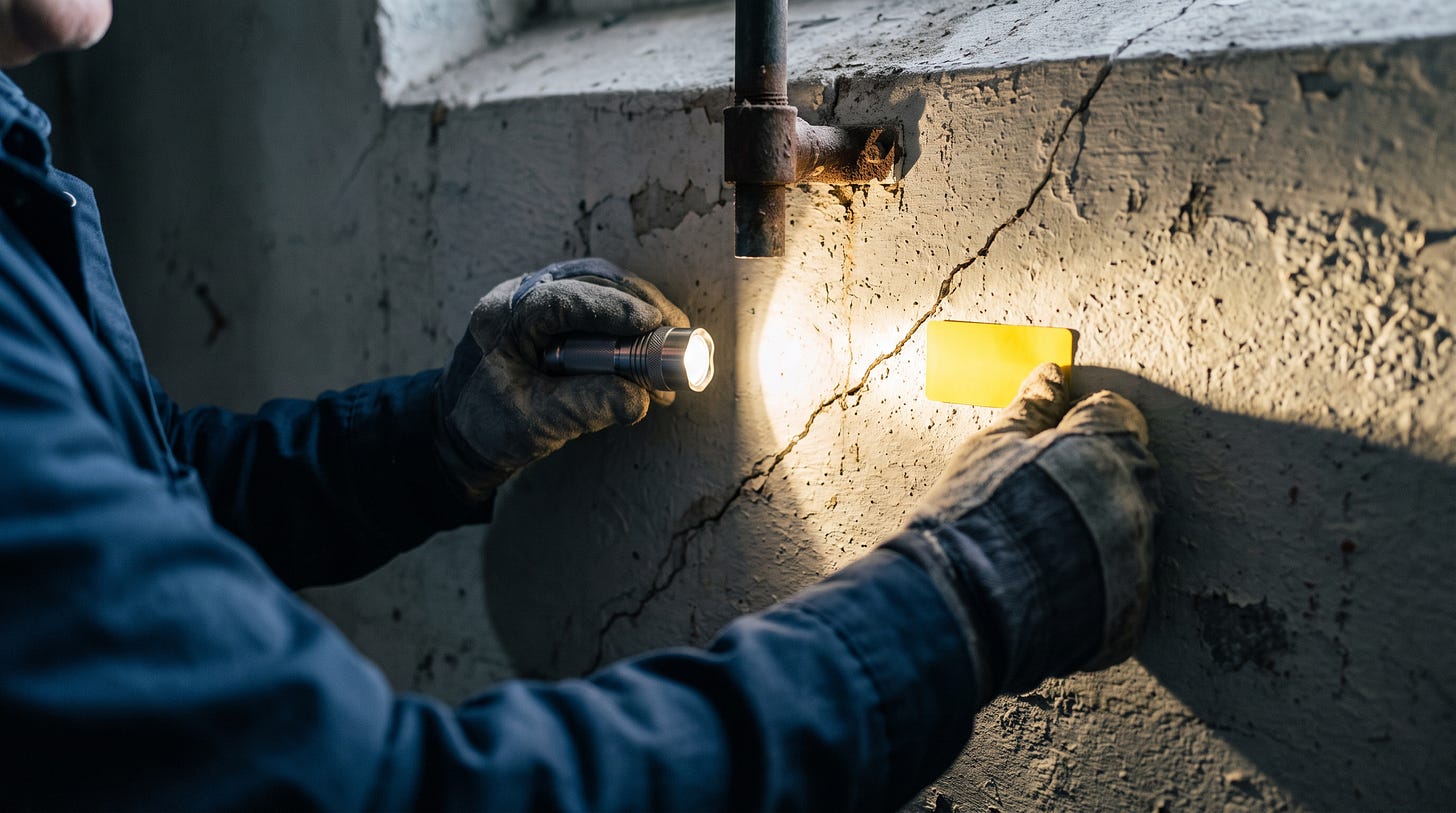 Een inspecteur legt met een zaklamp een haarscheur bloot die al jaren onder de verf in een fundering zat Een inspecteur legt met een zaklamp een haarscheur bloot die al jaren onder de verf in een fundering zat