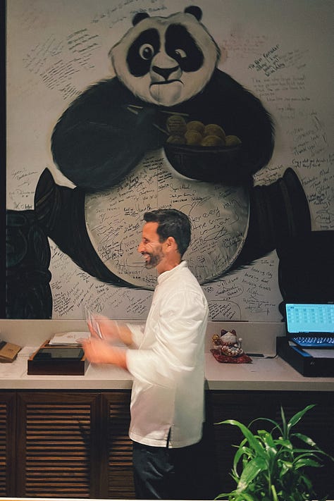 Left to right: beetroot tartare with pine nut milk; crab cafreal with rose omelette and Jose Avillez signing the chef's wall at Tresind Studio