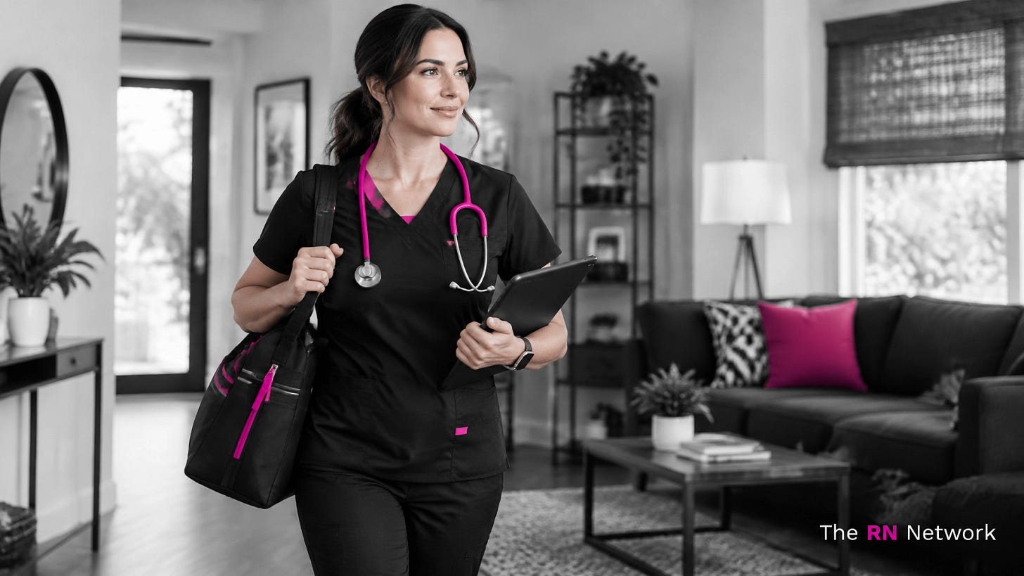 Nurse in neutral black scrubs working in a home health setting