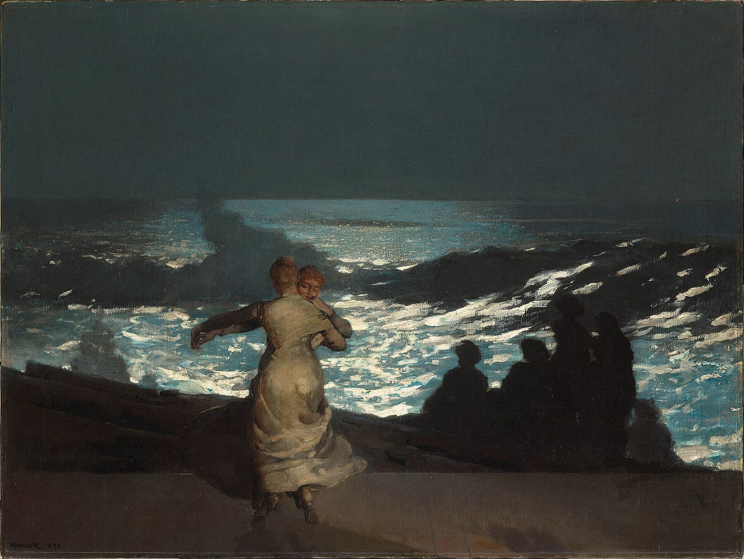 Two women dancing together on a moonlit porch above the sea, with dark figures watching the waves