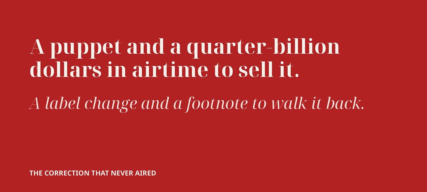A puppet and a quarter-billion dollars in airtime to sell it. A label change and a footnote to walk it back. A puppet and a quarter-billion dollars in airtime to sell it. A label change and a footnote to walk it back.