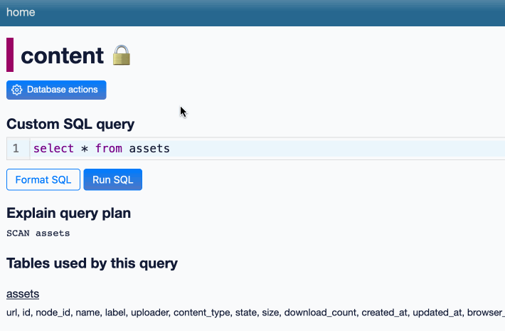 Animation starts on the page for the content database. A database actions blue button is clicked, revealing a menu of items such as Upload CSVs and Execute SQL Write. On a table page the button is called Table actions and has options such as Delete table. Executing a SQL query shows a Query actions button with an option to Create SQL view from this query.
