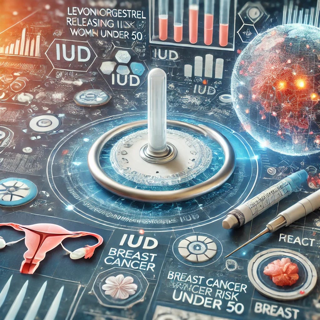 A detailed, informative image representing a levonorgestrel-releasing IUD and its link to breast cancer risk in women under 50. The scene should be futuristic and medical-themed, with the IUD device prominently displayed alongside visual symbols of research, data analysis, and breast health. It should convey the concept of scientific study and healthcare, with a mix of technology and women's health elements, in a positive and non-alarming way.