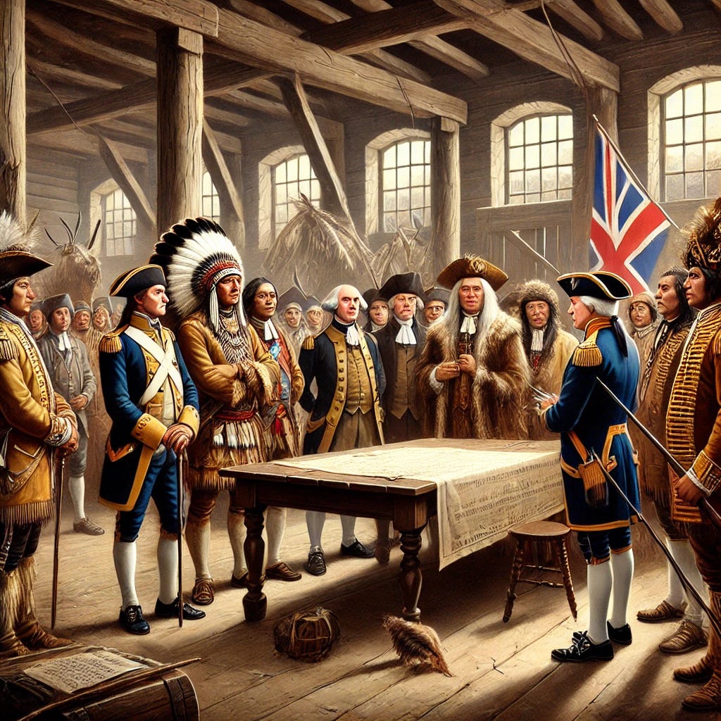 A historical illustration representing the 1760–1761 Peace and Friendship Treaties. The scene depicts a formal meeting between British colonial officials and Tribal leaders of the Mi’kmaq, Maliseet, and Passamaquoddy Nations. The setting is a colonial trading post with British soldiers standing near a table with treaty documents. The Tribal leaders, dressed in traditional attire, outnumber the British officials, emphasizing their strong presence. The mood reflects negotiation and diplomacy, with a sense of historical significance.