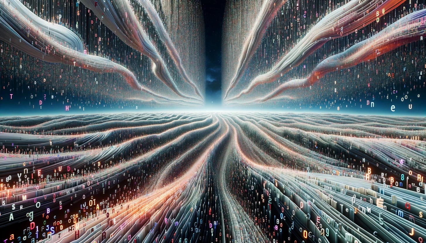 Wide photo of a surreal digital landscape where elongated words and sentences drift across vast distances, representing AI's disjointed predictions.