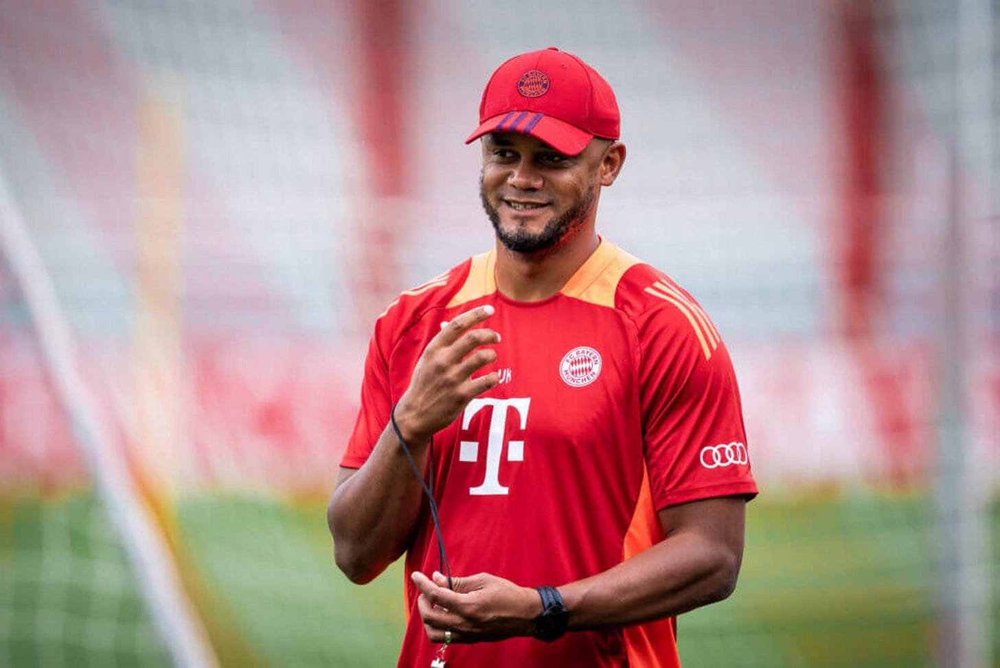 MUNICH, GERMANY - JULY 17: (EDITORS NOTE: Image has been digitally enhanced.) Head coach Vincent Kompany of FC Bayern Muenchen  during a training session at Saebener Strasse training ground on July 17, 2024 in Munich, Germany. (Photo by S. Mellar/FC Bayern via Getty Images)