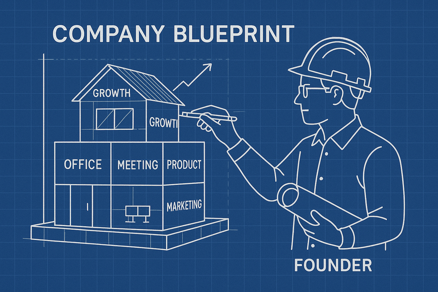 Blueprint illustration of a founder designing a company structure with labeled blocks like product, marketing, and growth Blueprint illustration of a founder designing a company structure with labeled blocks like product, marketing, and growth