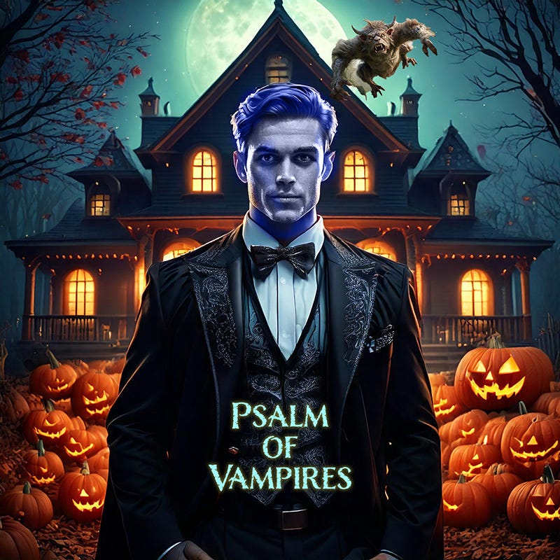 Vampire standing in front of haunted house with Psalm of Vampires text overlay