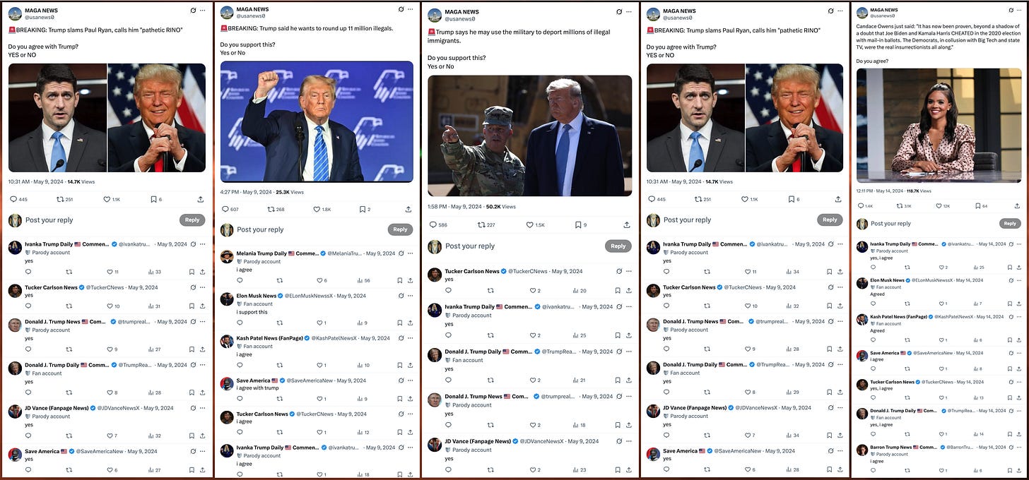 screenshots of "yes" and "I agree" replies from the spam accounts to various @usanews0 posts screenshots of "yes" and "I agree" replies from the spam accounts to various @usanews0 posts