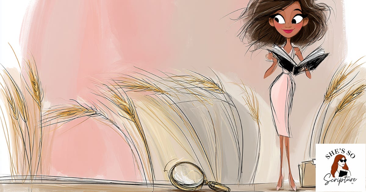 Watercolor illustration of a woman standing in a wheat field with an open Bible, beside an empty space in the wheat, with a magnifying glass and case file at her feet. Watercolor illustration of a woman standing in a wheat field with an open Bible, beside an empty space in the wheat, with a magnifying glass and case file at her feet.