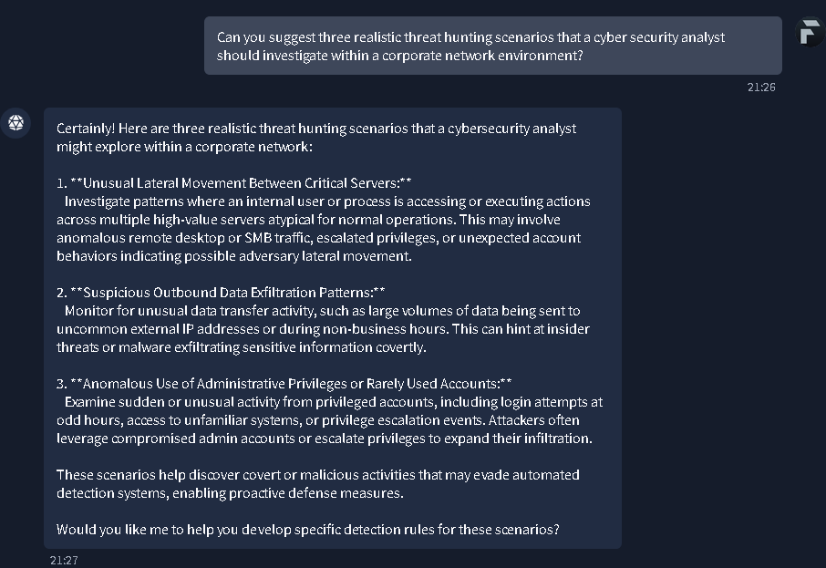 A conversation where the AI suggests three realistic threat hunting scenarios: lateral movement, data exfiltration, and anomalous use of privileged accounts.