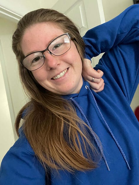 First image is a row of homeade ravioli being formed. Next is a photo of me in a blue sweatshirt and the final is an image with a little section of our clover covered yard.